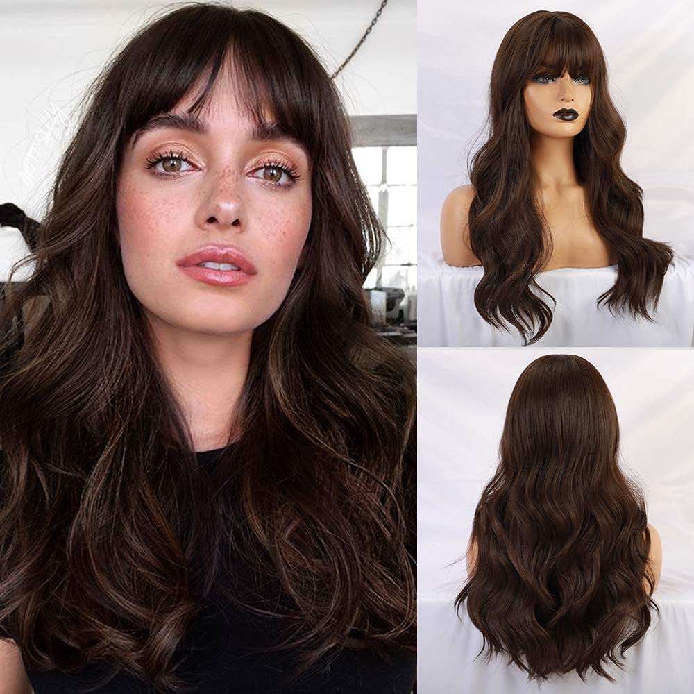 EMMOR Long Wavy Wigs with Bangs, Heat Resistant Synthetic Wigs for Daily/Party/Cosplay (24 Inch, Dark Brown)