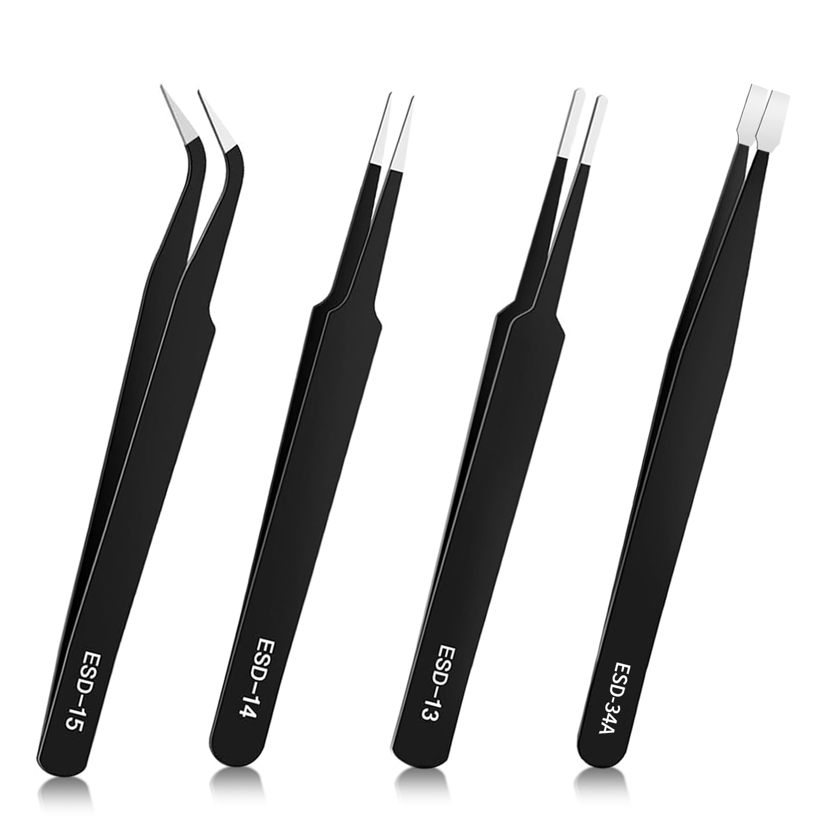 Precision Tweezers - 4pc Non-Magnetic Curved & Fine Point Set, Anti-Static Stainless Steel, Ideal for Crafting, Jewelry, Lab & Electronics