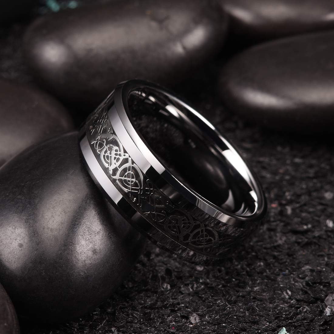 King Will DRAGON Men Tungsten Carbide Ring 8mm Silver/Blue/Black Celtic Dragon Wedding Band Polish Finish | 