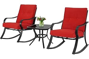 Incbruce 3 Piece Patio Bistro Set Outdoor Rocking Chairs Set, Porch Patio Conversation Chairs Set of 2 with Glass-Top Coffee Table (Red Thickened Cushion)