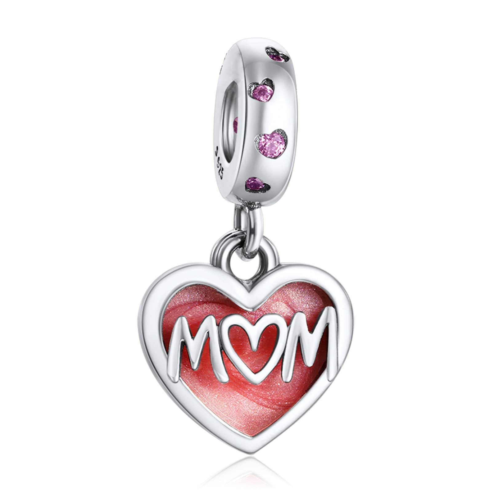 Annmors MOM Love Heart Charms for Women 925 Sterling Silver Dangle Pendant Bead,Gifts for Women European Bracelet&Necklace MOM Love Heart