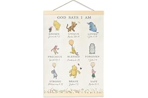 ZSATUIY Winnie Biblical Affirmations Wall Art, The Pooh Canvas Wall Art Painting for Room, Wooden Hanging Rod Religious Gifts, Nursery Decoration For Boy or Girl