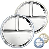 Solldgt Stainless Steel Kids Plates with Suction, 9” Divided Baby Plates with Removable Silicone Sleeves, Non-Slip Toddler Plate Unbreakable Metal Toddler Bowls Dinnerware Set of 2 (Blue, Beige)