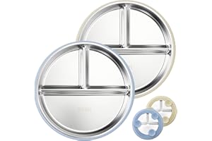 SOLLDGT Stainless Steel Kids Plates with Suction, 9” Divided Baby Plates with Removable Silicone Sleeves, Non-Slip Toddler Plate Unbreakable Metal Toddler Bowls Dinnerware Set of 2 (Blue, Beige)