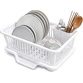 Heavy Duty 2-Piece Plastic Dish Drying Rack Set in White - Includes Large Dish Drainer, Attached Drainboard, and Utensil Cup Holders for Home Kitchen Countertop Organization