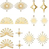 SUNNYCLUE 1 Box 56Pcs 7 Styles Brass Connector Charm Bulk Gold Link Metal Golden Hollow Sun Eyes Stars Celestial 2 Holes Connectors Links Charms for Jewelry Making Earring DIY Crafts Accessories