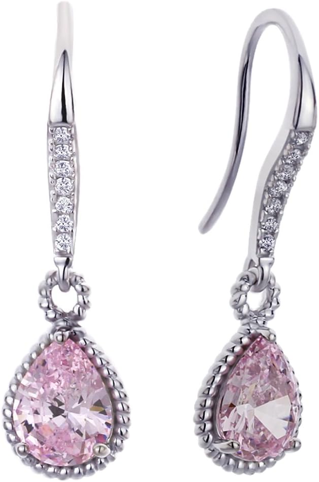 Platinum Plated 925 Sterling Silver Earrings Braided Rope Rounded Pear Shape Super Light Pink CZ Stone Dangle Earrings