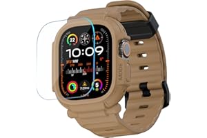 elkson Made for Apple Watch Ultra 2 1 Band case 49mm Screen Protector Tempered Glass, Quattro Pro Series Rugged for iWatch Bumper Strap Military Grade Durable Protective Cover Shock Proof Brown Tan
