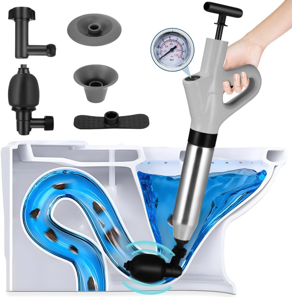 Toilet Plunger, High Pressure Toilet Unblocker, Heavy Duty Drain Unblocker Kit with A Holder and 4 Replaceable Heads for Unblocking Toilets, Sink, Shower, Bathtub, Floor, Drain And Pipe Clog (Grey)