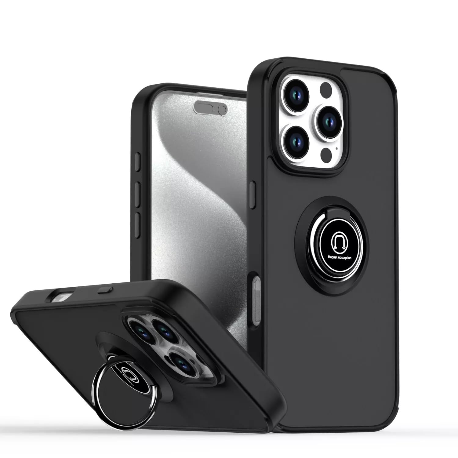 PIXFAB Case for iPhone 16 Pro Max Shockproof Case, Magnetic Ring Armour Phone Cover with [Kickstand], Frosted Matte Case, Lightweight With Military Grade Shock Absorption Case - Black