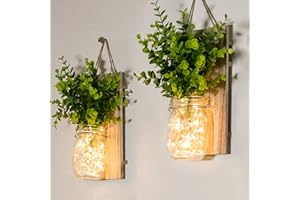 ECTY Rustic Wall Sconces, Mason Jar Sconces, Farmhouse Home Decor, LED Fairy Lights, Green Fake Plant, Interior Decoration Warm Toned Lighting. (2 Pack)