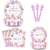 MAYSSKQ 96PCS Sweets Candy Party Plates and Napkins Supplies Girls Donut Birthday Tableware Set Cupcake 1st Birthday Dessert Ice cream Party Table Decorations Favors Serves 24 Guests