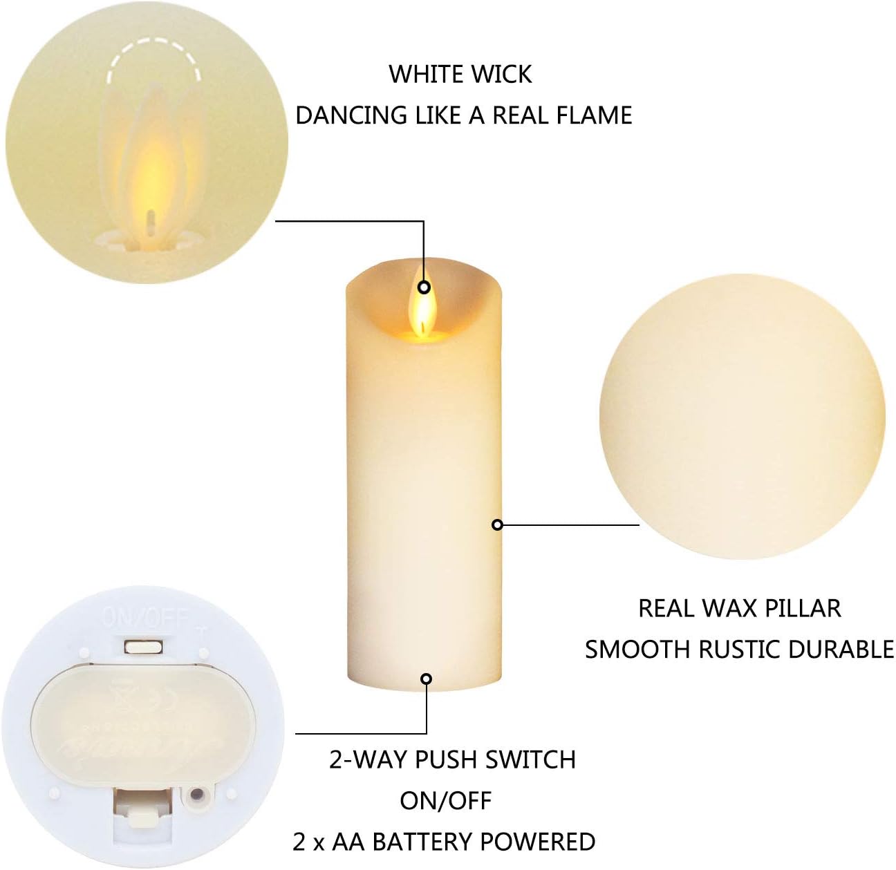 Flameless Candles Dancing Flame Led Candles H5″6″7″ xD2″ Real Wax Battery Operated Decorative