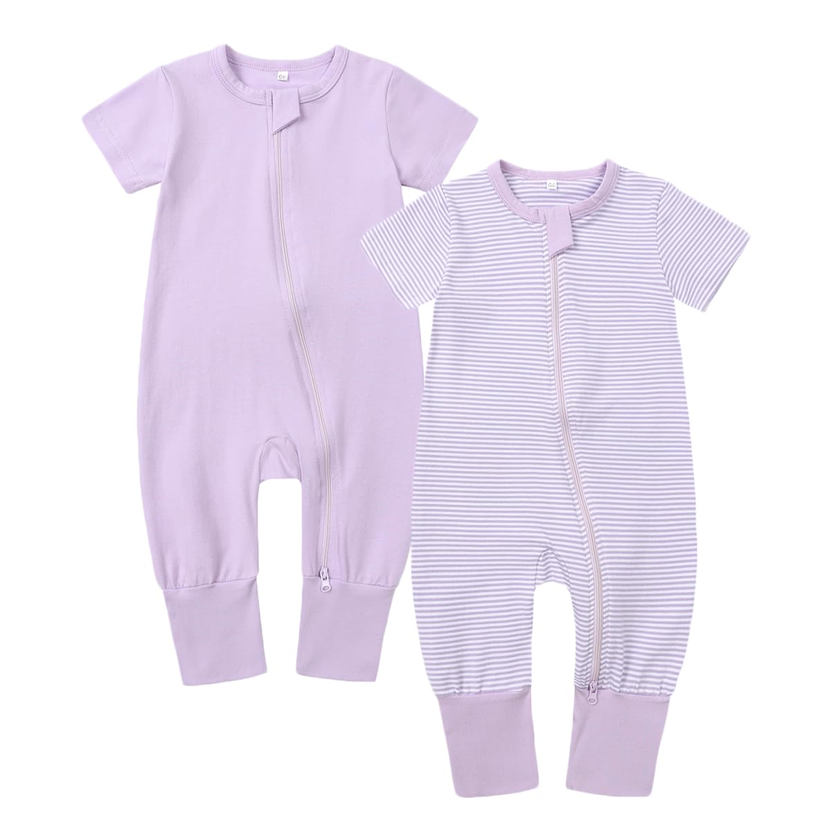 Photo 1 of Feidoog Toddler 2 Pack Baby Zipper Rompers Cotton Short Sleeve 2 Way Zipper One Piece Jumpsuit Outfits,Purple,12-18M