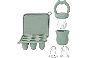 Socub Silicone Baby Fruit Food Feeder & Baby Food Freezer Tray Set, milk Popsicle Molds for Baby Teething Relief, Baby Food Pacifier Feeder for Self Feeding, Include 3 Sizes Food Pouch (Sage)