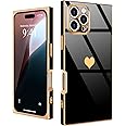 Urarssa for iPhone 16 Pro Max Case Rectangle for Women Girls Cute Love Heart Pattern Luxury Plating Gold Shockproof Raised Full Camera Lens Protection Cover Phone Case for iPhone 16 Pro Max, Black