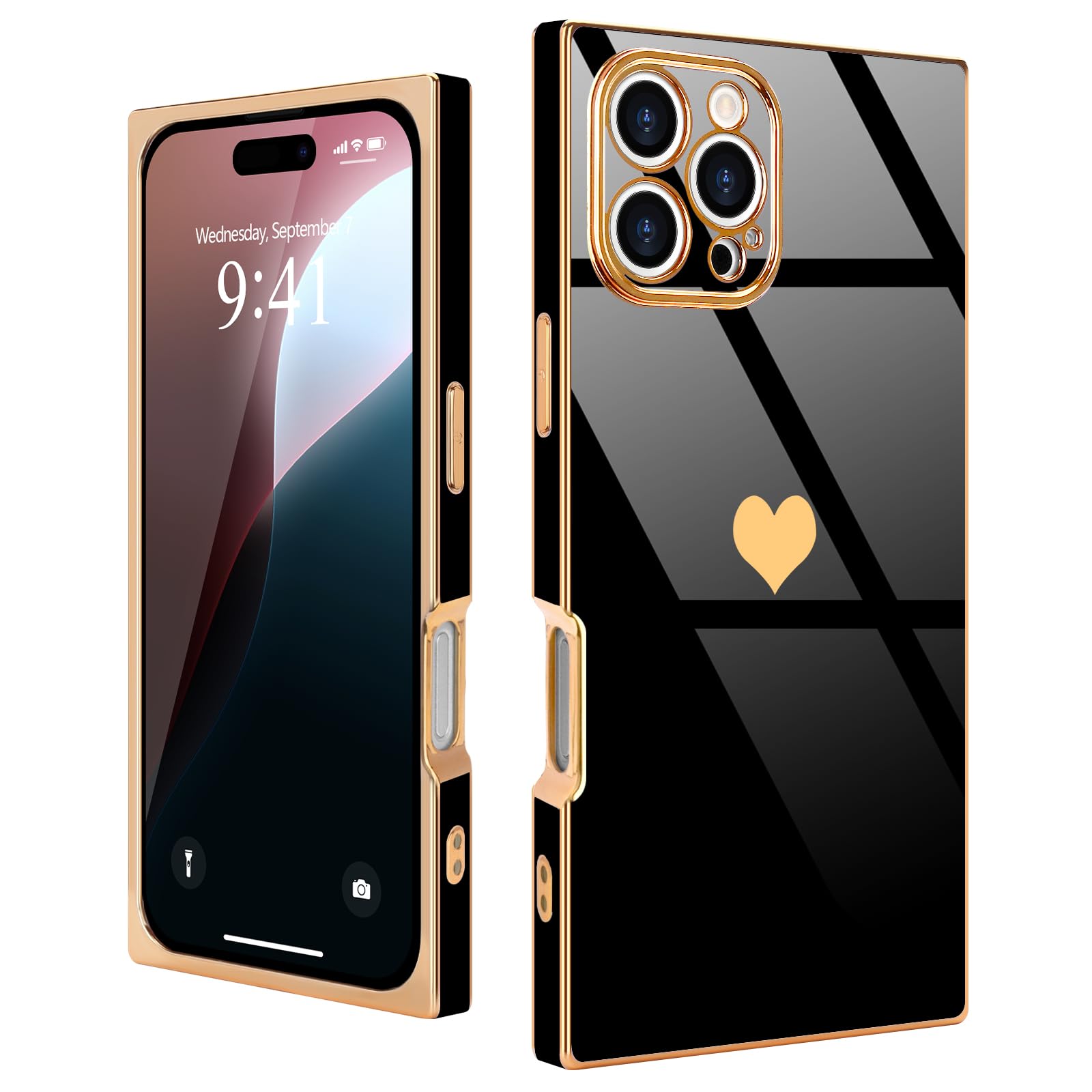 Urarssa for iPhone 16 Pro Max Case Cute Rectangle Heart Pattern Luxury Gold Plating Cases Women Girls Shockproof Bumper Silicone Protective Cover for iPhone 16 Pro Max, Black