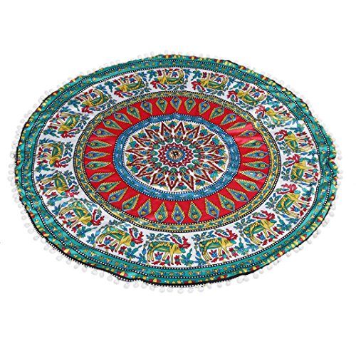 KMG Kimloog Round Pillow Cover, Decorative Mandala Pillow Sham, Indian Bohemian Ottoman Poufs, Outdoor Cushion Cover, Pom Pom (G)