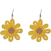 Flower Rattan Earrings Summer Boho Raffia Sunflower Dangle Earrings for Women Handmade Lightweight Dasily Straw Wicker Statement Earrings Bohemian Beach Earrings Jewelry Gifts