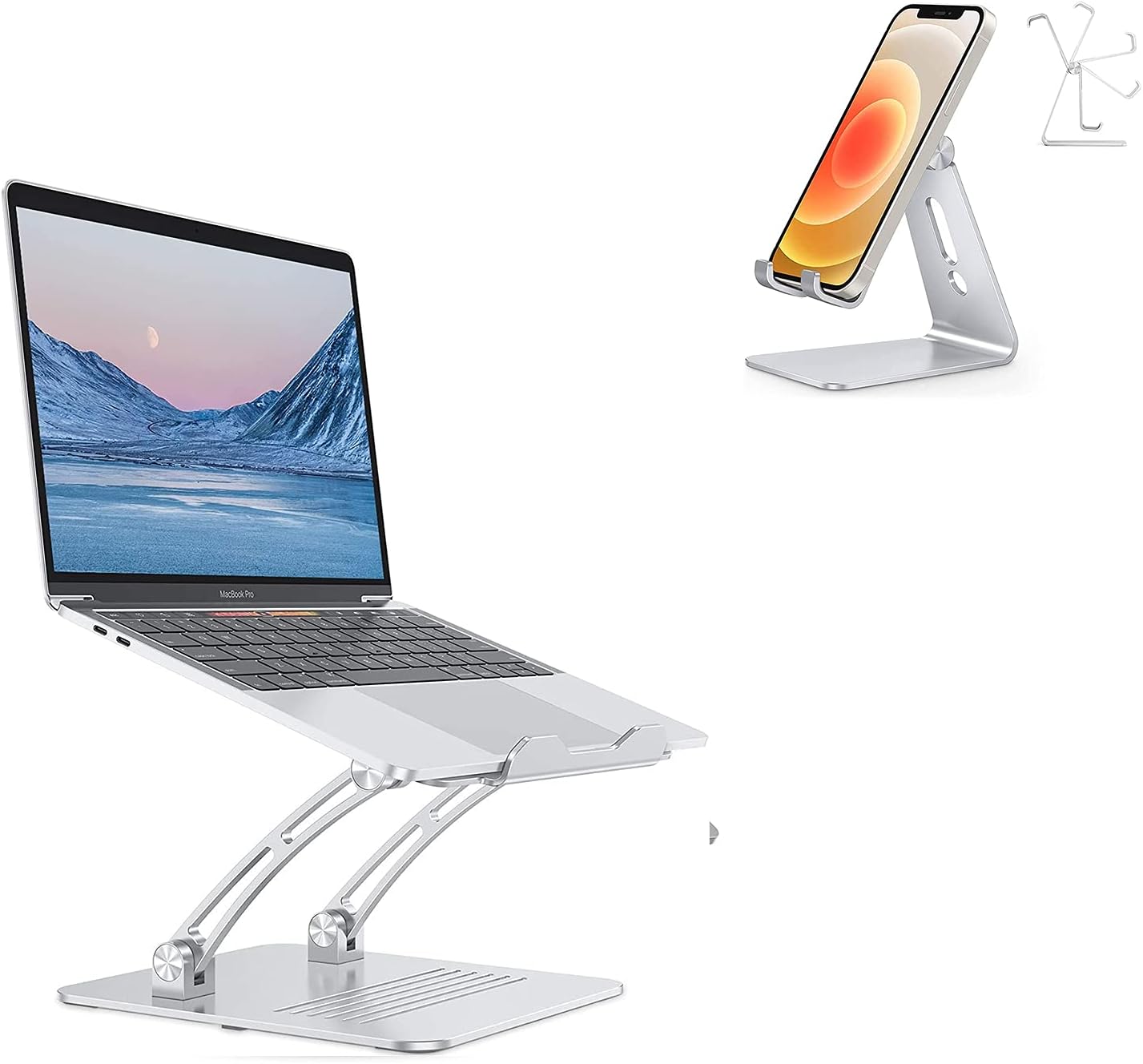OMOTON Adjustable Laptop Stand Holder for Desk Silver & Cell Phone Stand C2 Silver