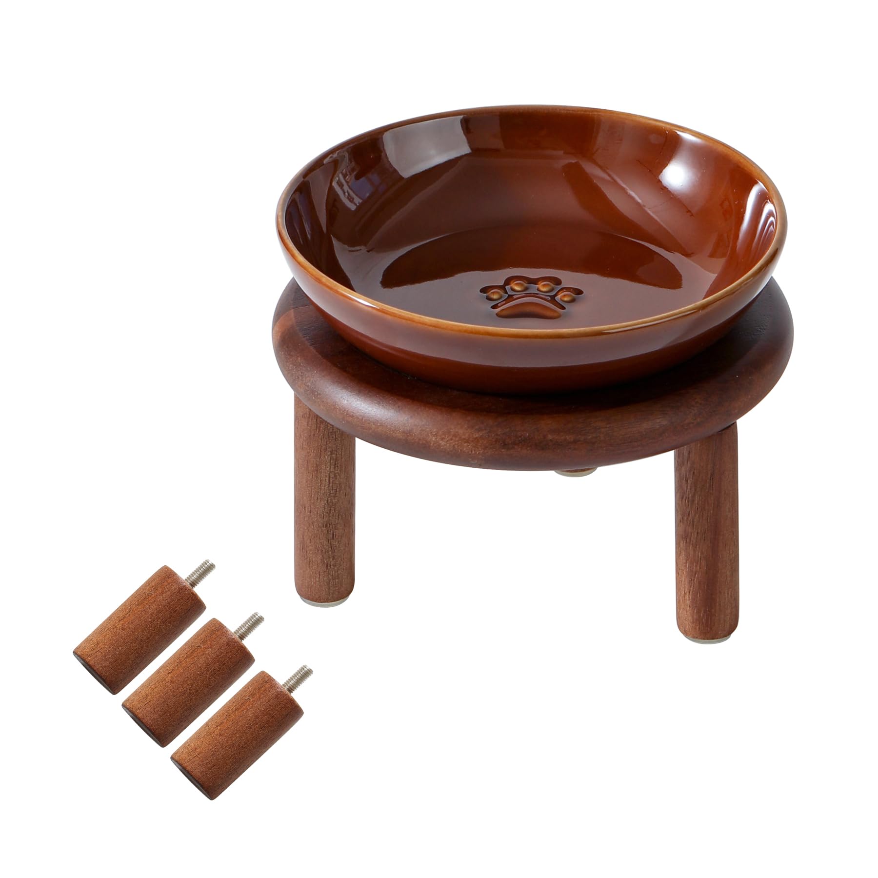 Photo 1 of Havniva Elevated Ceramic Paw Print Cat Dish, Wide Whisker Friendly Anti-Slip Food & Water Bowl with 2 Heights Adjustable Acacia Wooden Stand for Cats (1 Dish + 1 Stand, Caramel Brown)
