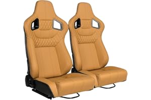 ELOUNTIK 2 Pcs Adjustable Universal Racing Seats with Double Sliders, Reclinable Bucket Seats, 1 Pair of Sport Seats for Vehicles (Brown)
