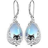 Black Cat Earrings 925 Sterling Silver Moonstone Earring Cat Jewelry for Women Birthday Gift