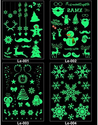 Merry Christmas Theme Luminous Temporary Tattoos GLOW IN THE DARK Removable Stickers Kit - Funny XMAS Holiday Party Favors Supplies - Perfect Gifts for Kids and Adults - 4 Sheets