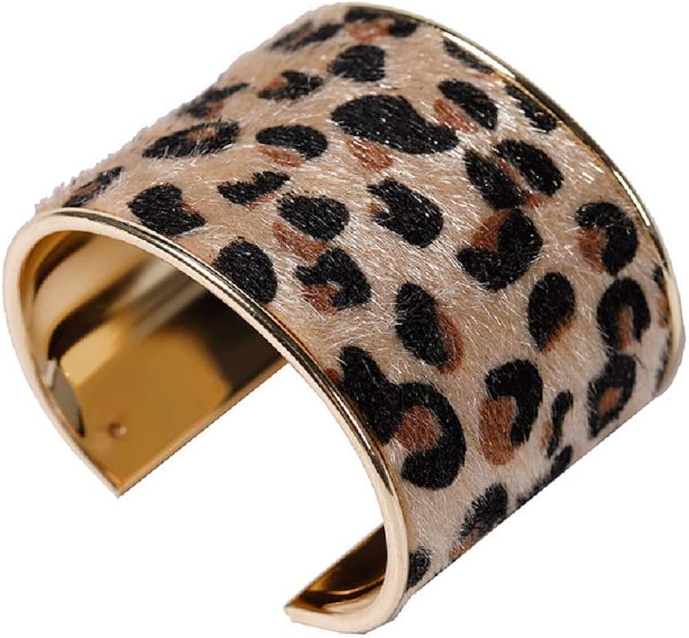Leopard Cuff Bracelet Horse Hair Leather Wide Gold Open Bangle