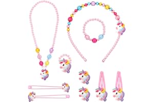 HIFOT Unicorn Jewelry Set for Girls - Necklace, Bracelet, Ring, Earrings, Clip Earrings, Hair Clip Set - Princess Dress Up Pa