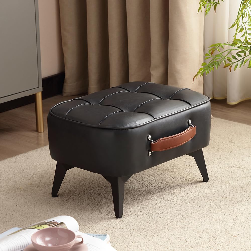 Photo 1 of 1pc Vintage Style Faux Leather Ottoman Footstool - Wooden Frame, Upholstered Interior, Multi-Use Footrest for Living Room, Entryway, Office (Black)