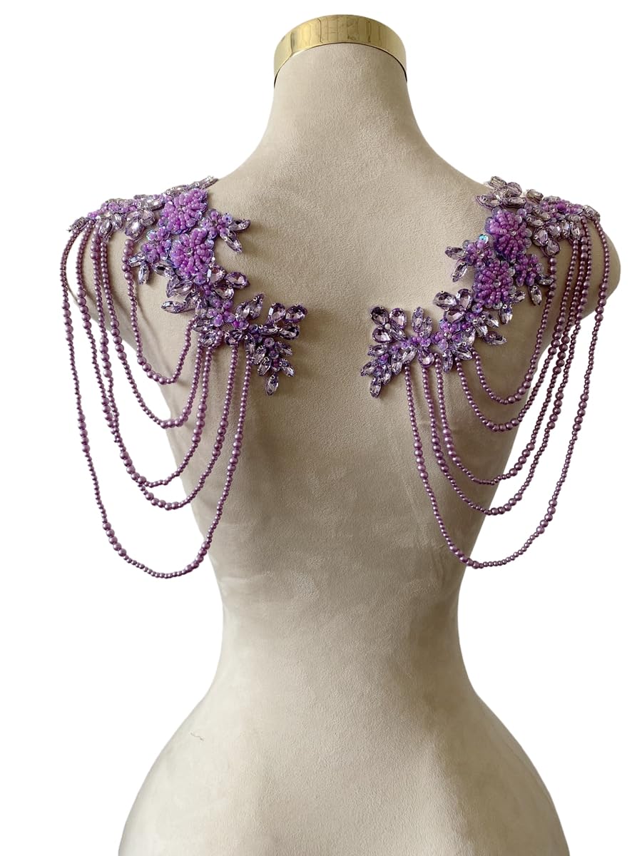 Photo 1 of 1 Pair Beaded Rhinestones Applique Embellishment for Clothes Epaulettes Shoulder Patches Sew-on Diamond Sequin Tassels Applique for Wedding Dress DIY Accessories 9.8X10.2inches (Violet)