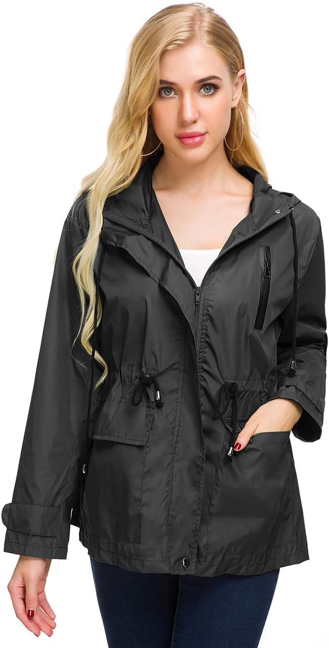 Rain Running Jacket Women Light Raincoat Zip Rain Coat Spring Windbreaker (Black Large)