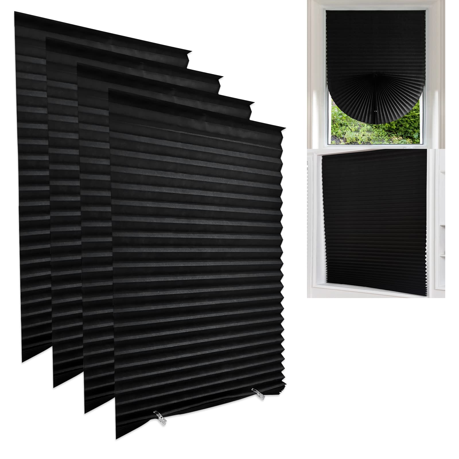Temporary Blinds for Windows,4 Pack No Drill Stick on Blind Curtains for Bedroom Kitchen Bathroom Windows,Light Filtering Privacy Protection, with 8 Clips (Black-4pcs, 60 * 150cm)
