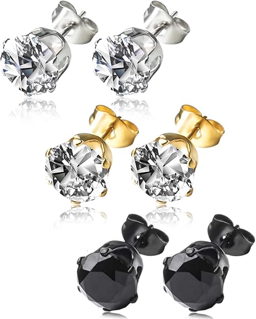 Amazon | YoPen 3ペアの男性と女性用のステンレススタッドピアス、耳ピアス、キュービックジルコニア、低刺激性セット(6mm