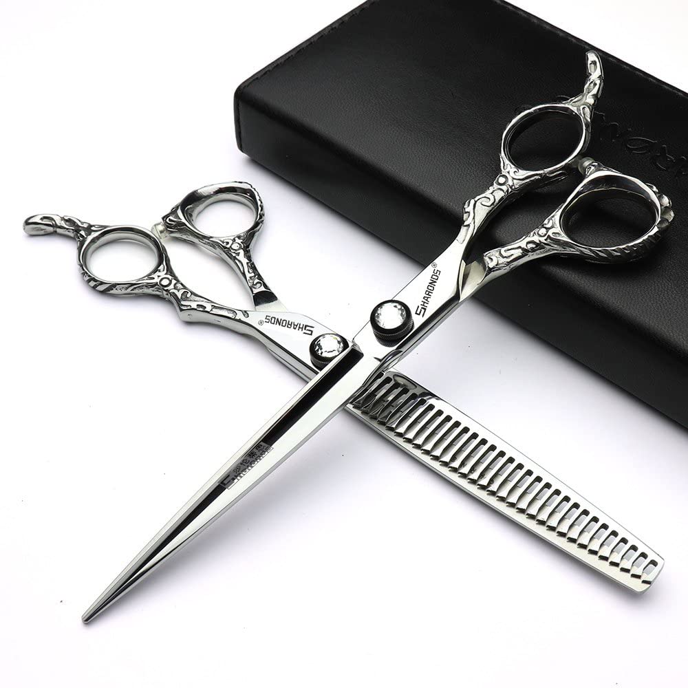 7 Zoll friseurscheren 440c Hohe härte feine Muster professionelle Salon Friseur haar schneiden und verdünnung frisur beschneiden werkzeug (Scissors Set)