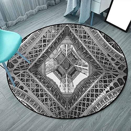 Black and White School Rugs Classrooms 3'7" Round, Grey Black and White, Eiffel Tower View From Below Paris City French Monument Image, Play Carpet for Kids (Round 110cmx110cm)