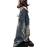 Women's Five Point Star Work Dress Jeans Multi Pocket High Waist Loose Y2K Drop Feel Jeans Gothic Wide Leg Pants