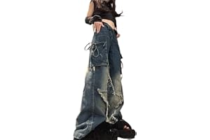 ETHBOX Women's Five Point Star Work Dress Jeans Multi Pocket High Waist Loose Y2K Drop Feel Jeans Gothic Wide Leg Pants