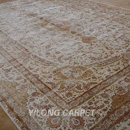 Yilong 10.2'x14.1' Handmade Kerman Silk Rug Classic Traditional Oriental Medallion Floral Hand Knotted Home Area Rugs (Beige) YL1590