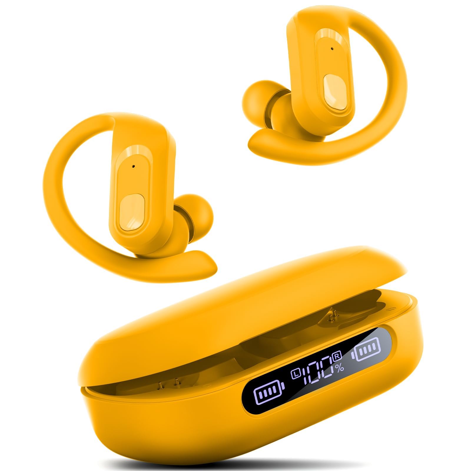 occiam Wireless Earbuds Bluetooth Headphones Ear Buds 96Hrs Playback Sport Over-Ear Waterproof Wireless Headphones Earphones with Earhooks ENC Mics Clear Call for Sport Running Workout (Yellow)