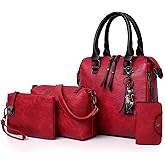 PORRASSO Women Handbag Purse 4Pcs Vintage Shoulder Bag PU Leather Crossbody Clutch Bag for School Work Travel Red