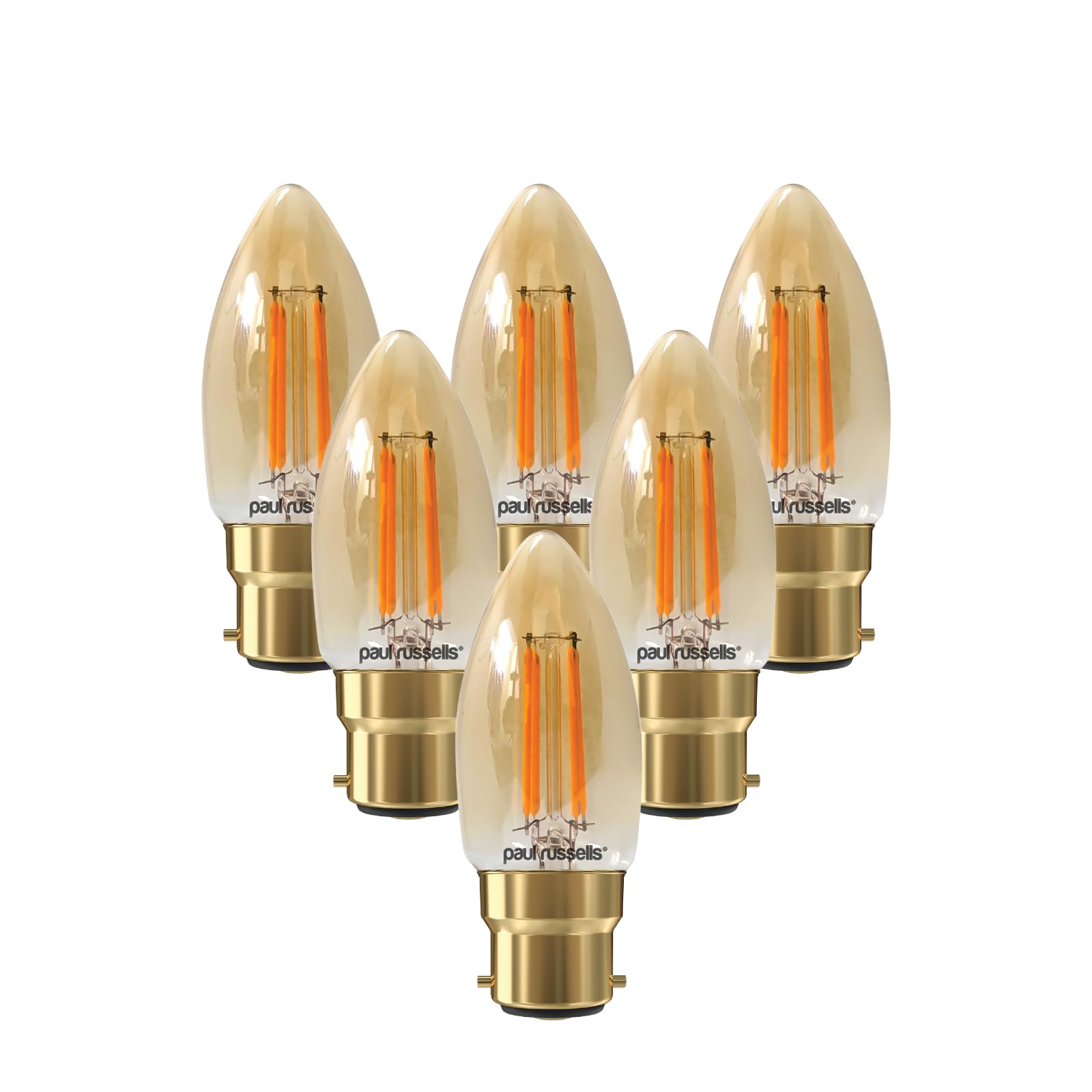 paul russells LED Filament Candle – Dimmable Bayonet Cap B22 Light Bulbs, 4.5Watt 423LM C35 Bulbs, 40w Equivalent, 2200K Extra Warm White Dimmer BC Energy Saving Chandelier Lamps, 6 Pack