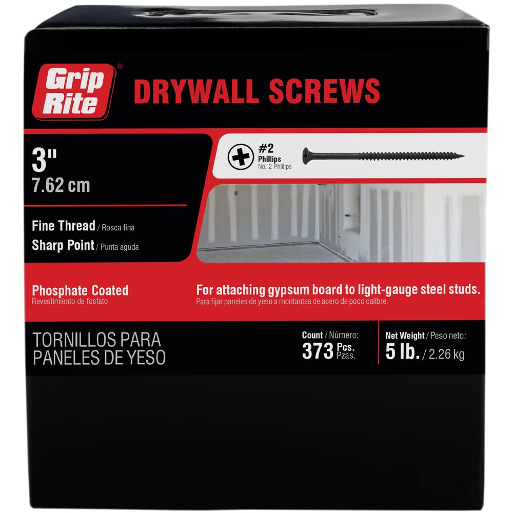 Photo 1 of Grip-Rite 3DWS5#8 X 3 Phillips Bugle Head Fine Thread Sharp Point Drywall Screw, 5lb Box