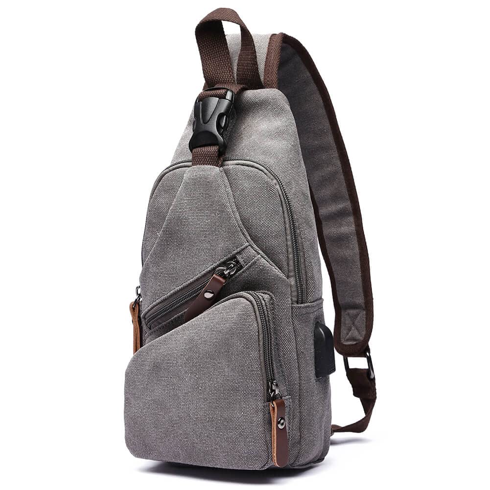 WTiger Canvas Sling Bag Crossbody Backpack Shoulder Casual Rucksack for Men Women Outdoor Cycling Hiking Travel Fishing Shopping trekking Grey