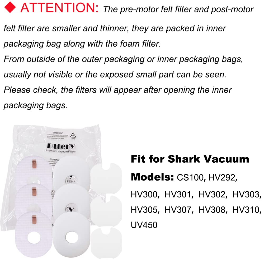 Dttery 3 Post + 3 Foam & Felt Filters Kit Replacement for Shark Rocket Ultra-Light Vacuum HV292, HV300, HV300W, HV301, HV302, HV303, HV305, HV308, HV310, UV450 Part XFFV300