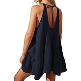 Yioaga Womens Casual Summer Dresses Sleeveless Crew Neck Backless Tunic Mini Dress Loose Flowy Tank Sundress with Pocket(Navy,M)