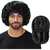 Bonnet for Men, Double Layer Hair Bonnet for Sleeping, Adjustable Sleep Bonnet with Elastic Band, Silk Satin Bonnets for Curly Hair Braids(1Pcs,Black)