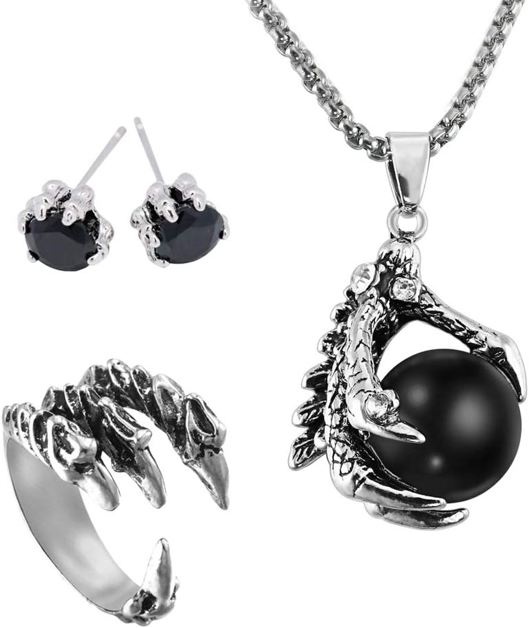 EQLEF Dragon Claw Jewellery Set, Gothic Dragon Claw necklace Alloy/Dragon Stud Earrings/Mens Dragon Ring Gift for Punk Lovers(3 pcs)