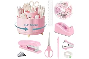 Gawsey Desk Organizers and Accessories Set with 360-Degree Rotating Pen Holder, Tape Dispenser, Stapler, Staple Remover, 1000 Staples, Tape, Clips Set, Ruler, Scissor, Pen